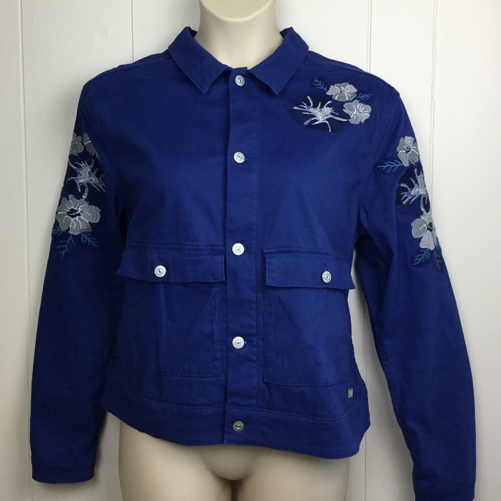 Lularoe Royal Blue Floral Embroidered Cotton Kenny Button Down Jacket woman 2X - Picture 5 of 16